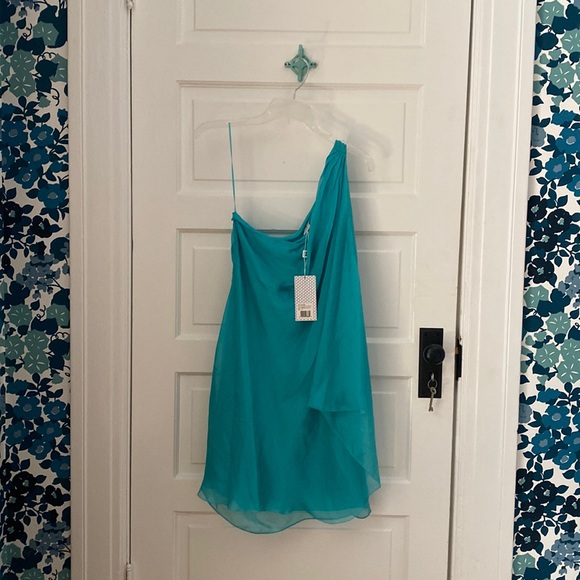 Halston One-Shoulder Turquoise silk organza party dress NWT - Picture 1 of 3